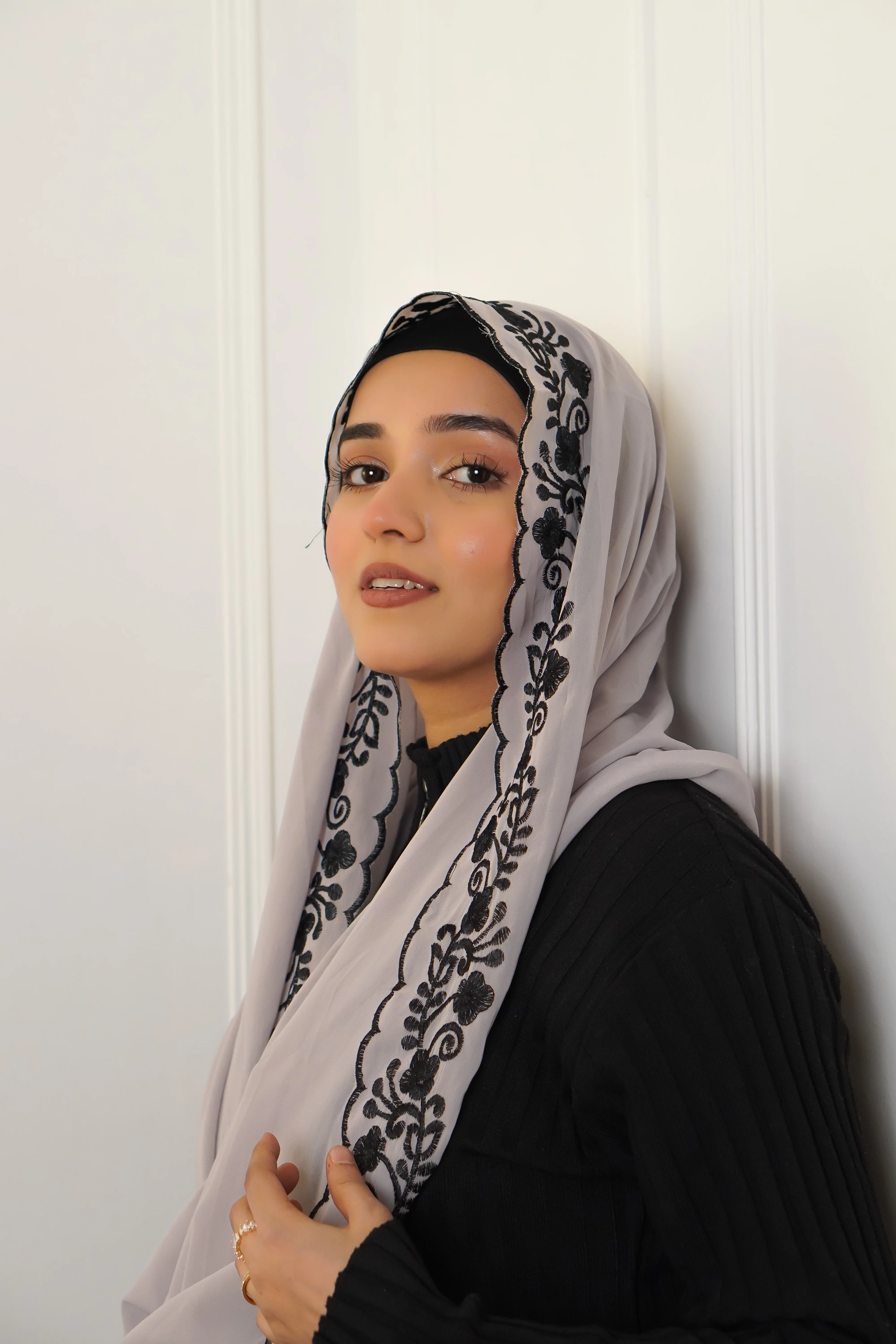 EMBROIDERED HIJAB - Grey - Image 3