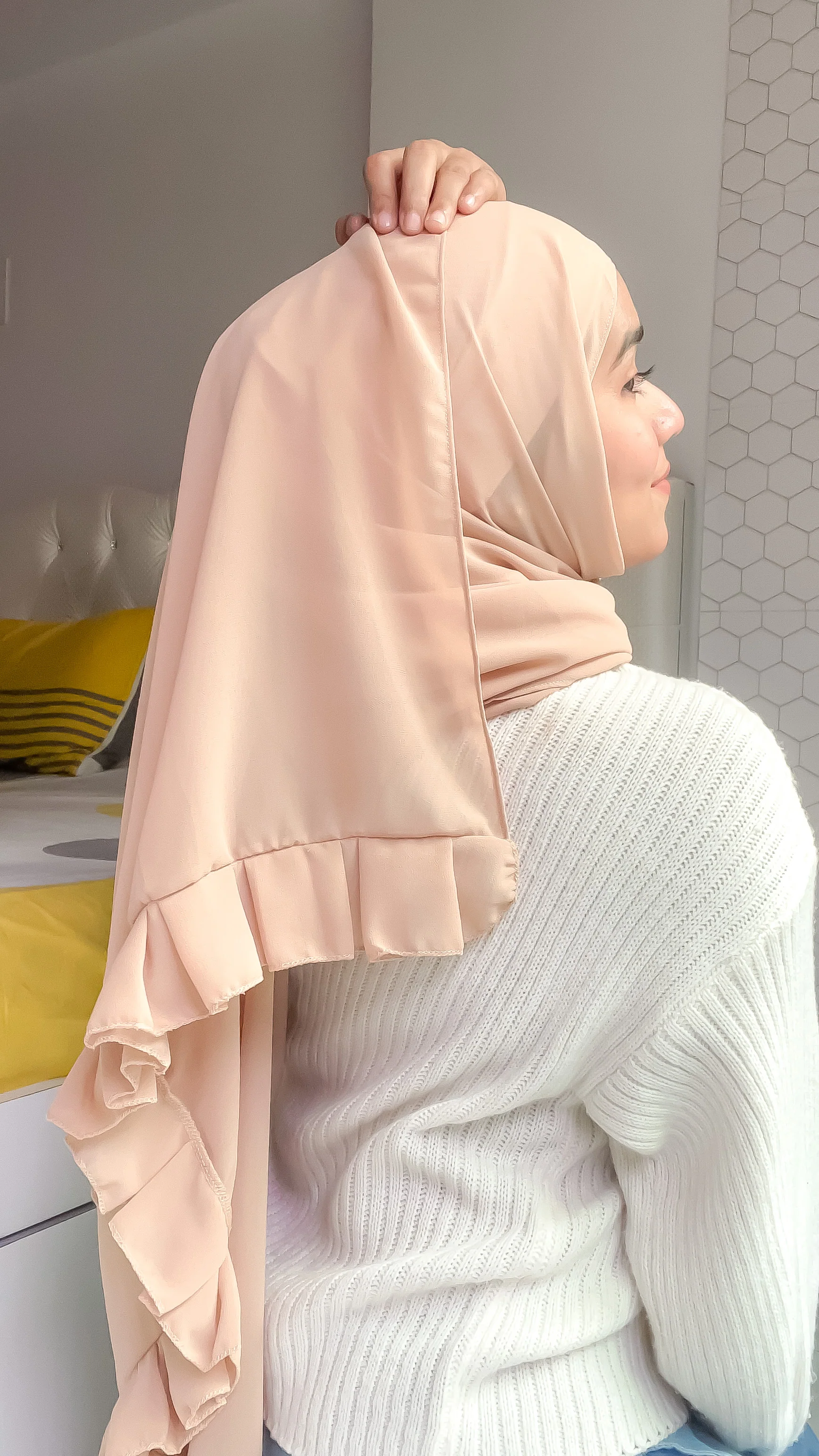 Frill Hijab - Beige - Image 4